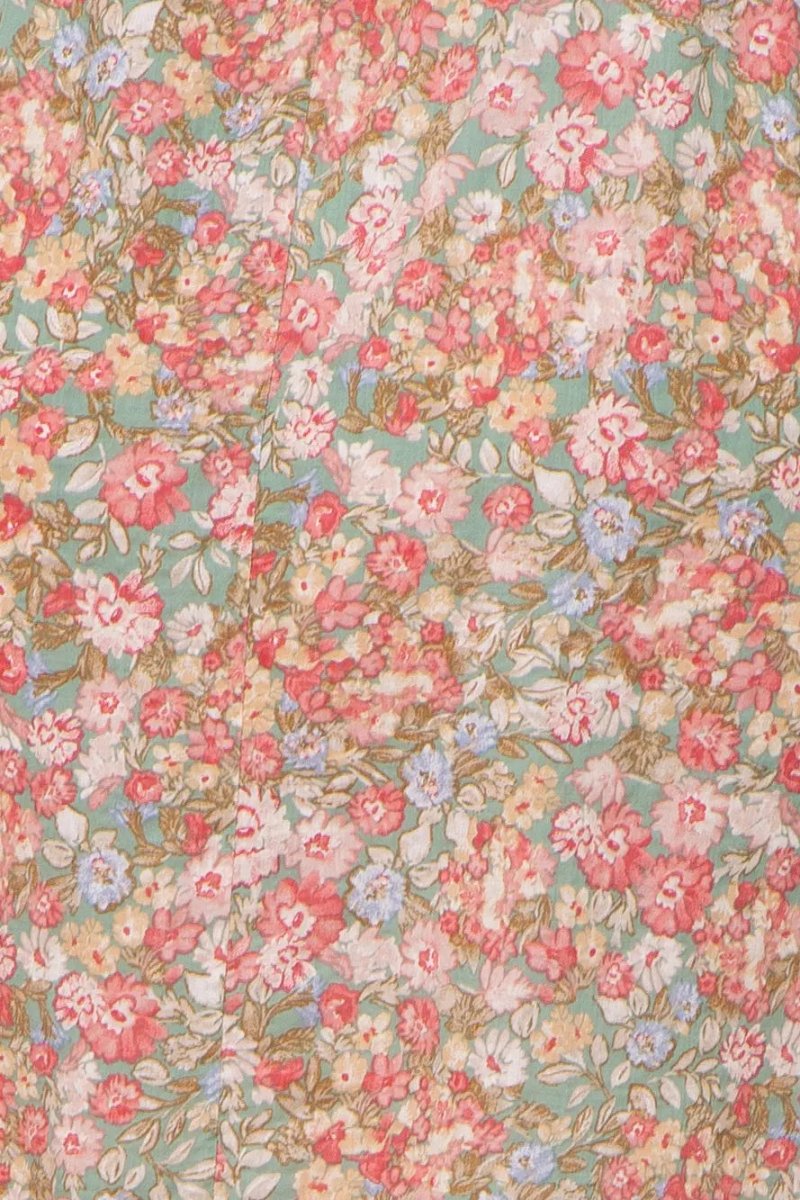 PinkBlush Light Olive Floral Plus Size Dress with Bubble Sleeves for Summer Style - 