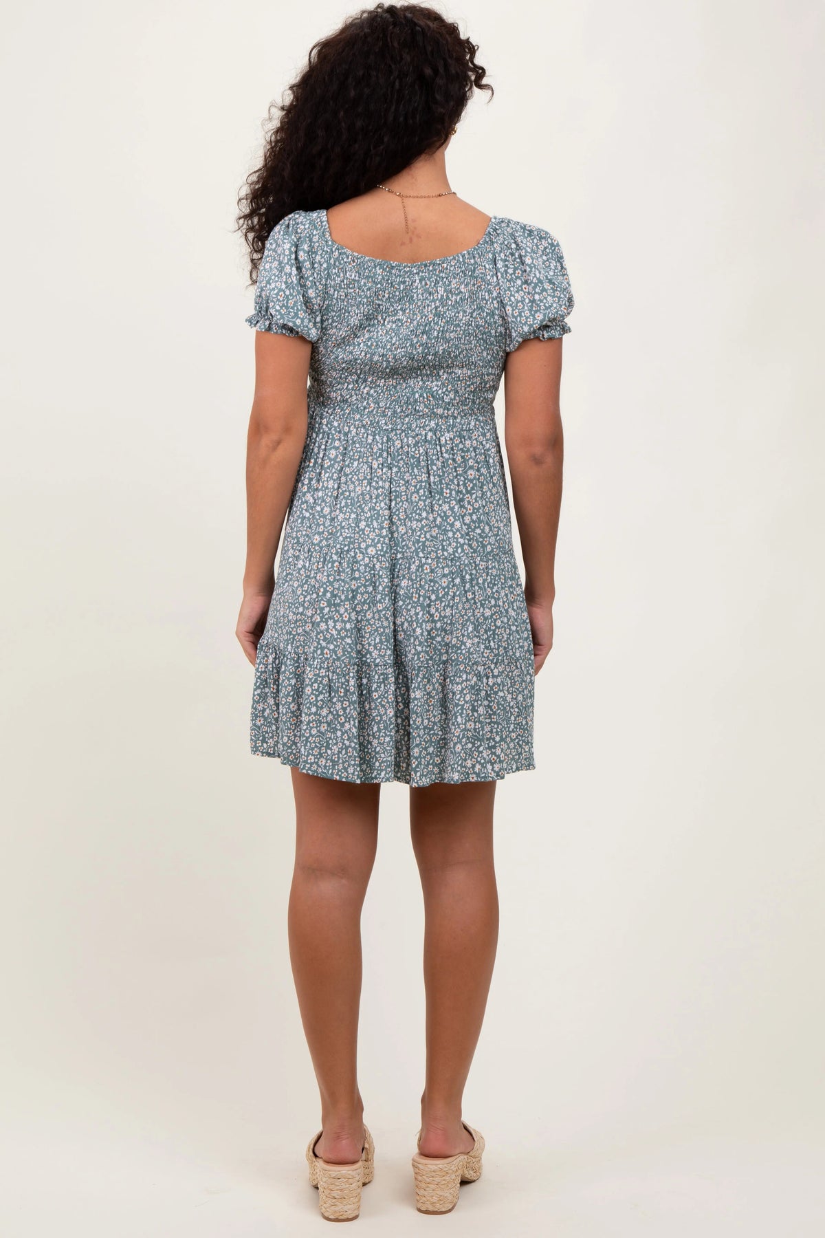 PinkBlush Light Olive Floral Smocked V - Neck Flutter Sleeve Dress - 