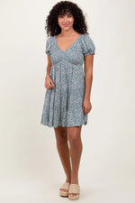 PinkBlush Light Olive Floral Smocked V - Neck Flutter Sleeve Dress - 