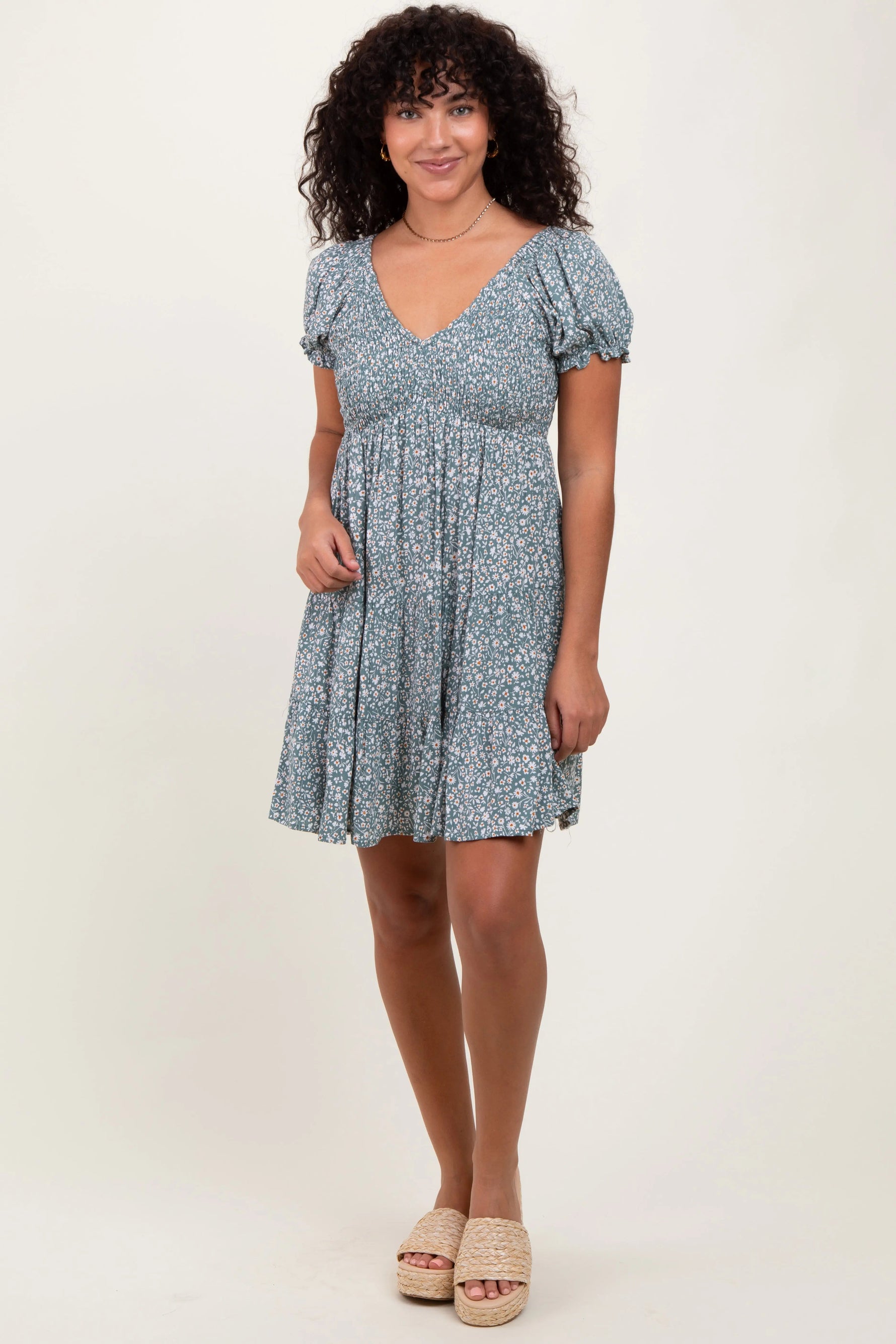 PinkBlush Light Olive Floral Smocked V - Neck Flutter Sleeve Dress - 