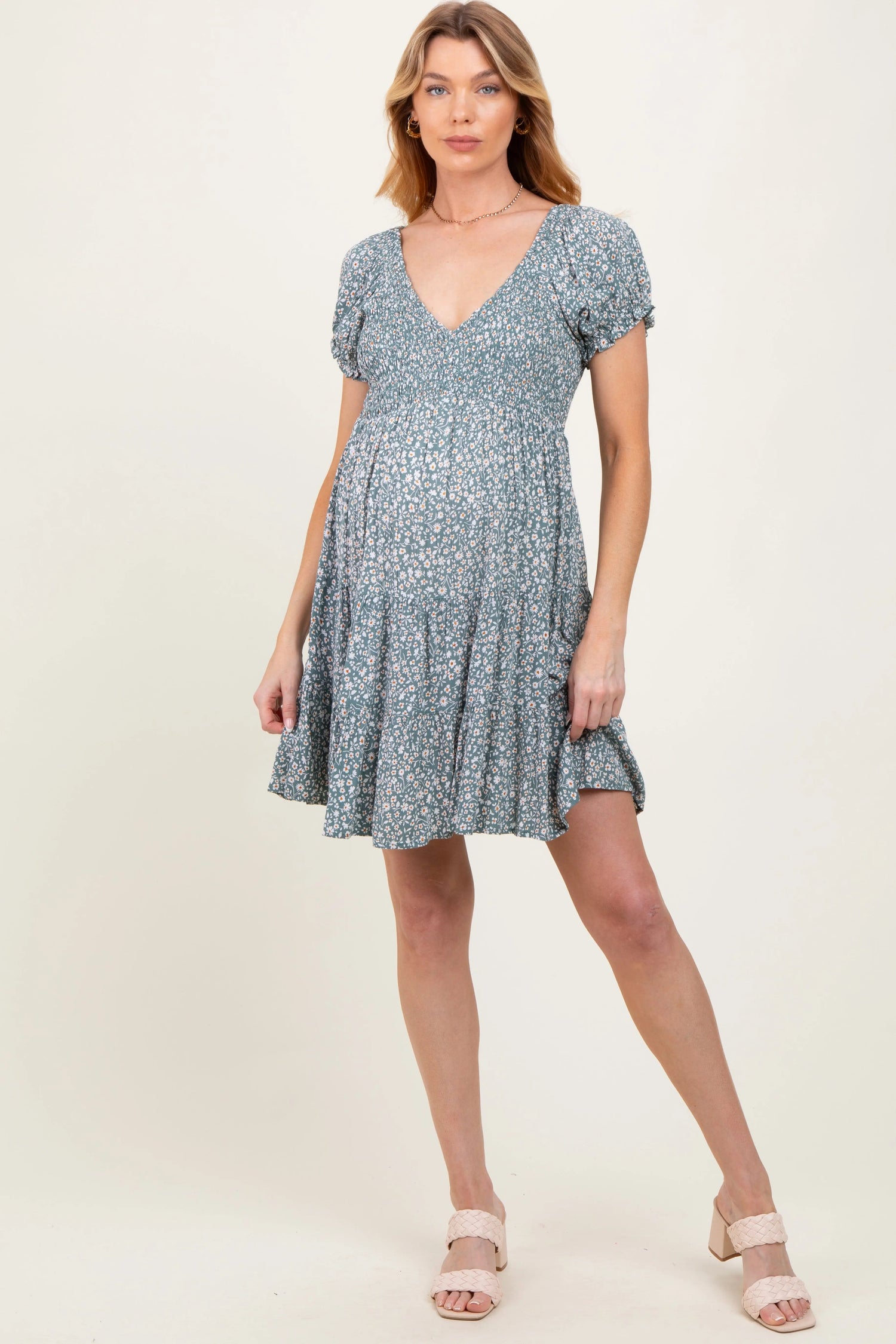 PinkBlush Light Olive Floral Smocked V - Neck Flutter Sleeve Maternity Dress - 