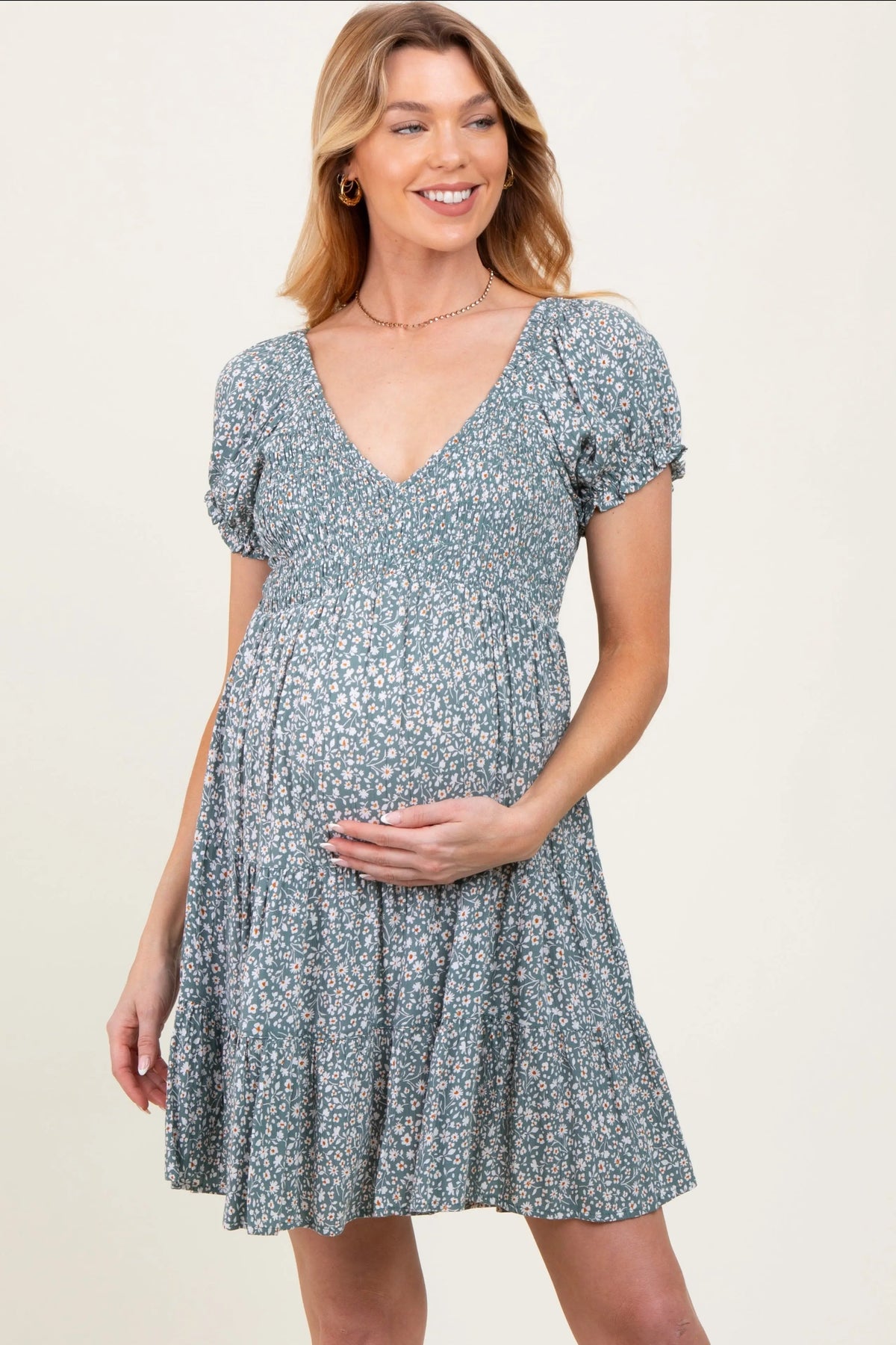 PinkBlush Light Olive Floral Smocked V - Neck Flutter Sleeve Maternity Dress - 