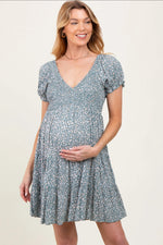 PinkBlush Light Olive Floral Smocked V - Neck Flutter Sleeve Maternity Dress - 