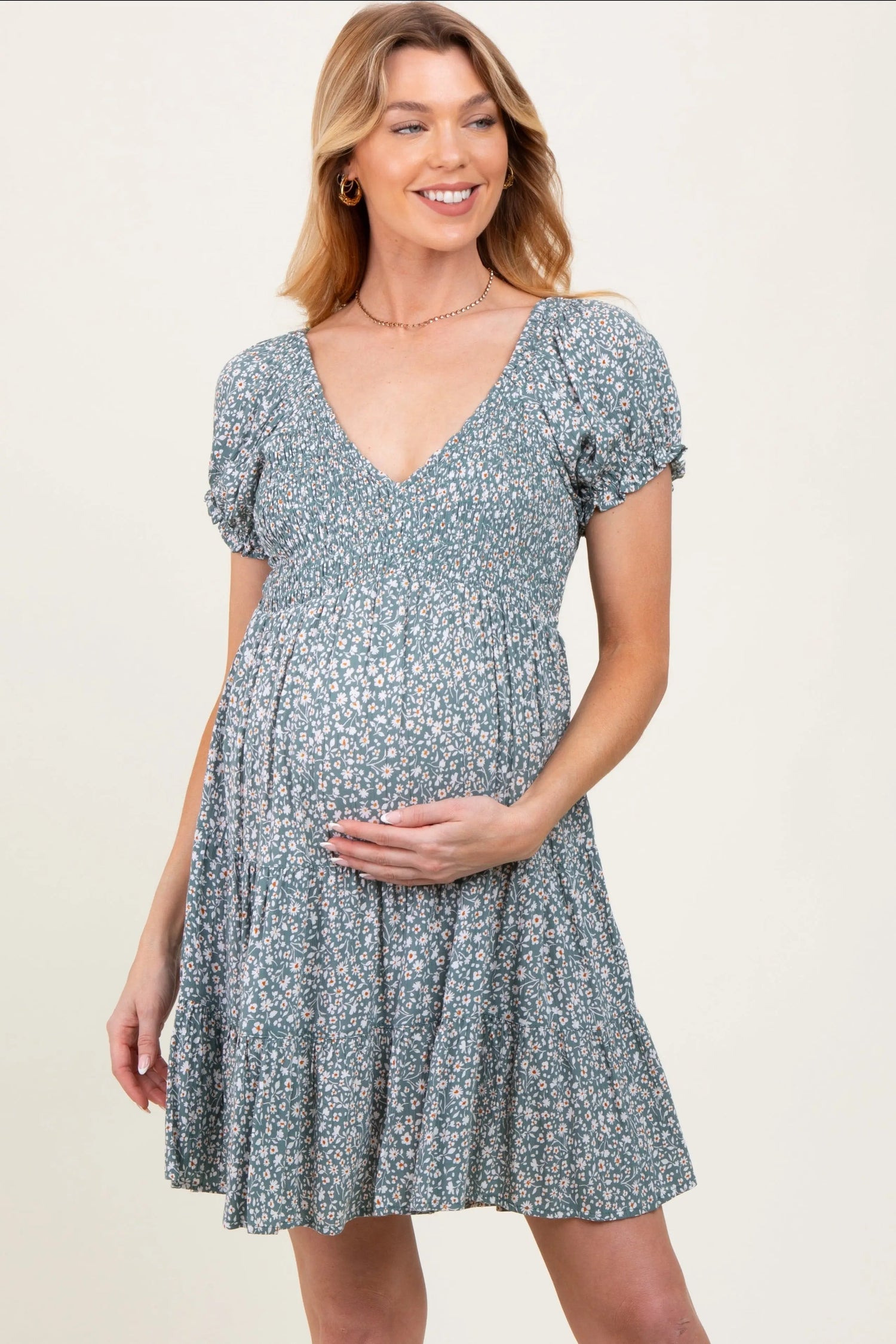 PinkBlush Light Olive Floral Smocked V - Neck Flutter Sleeve Maternity Dress - 
