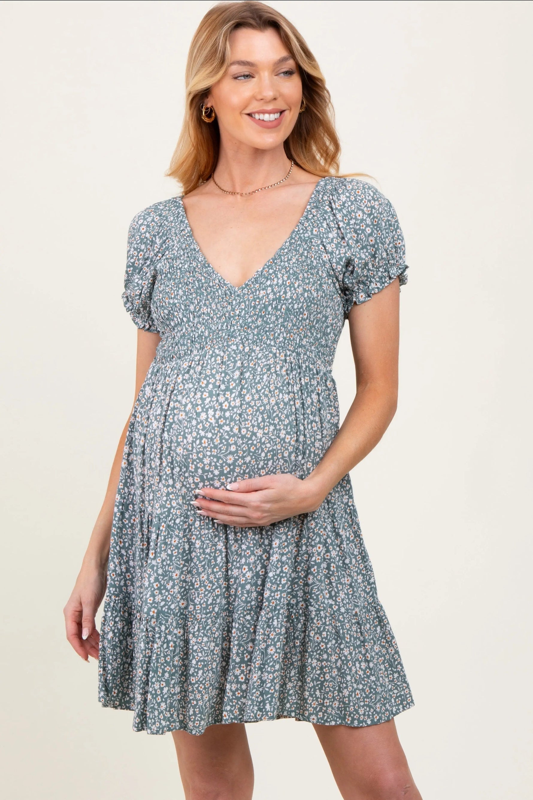 PinkBlush Light Olive Floral Smocked V - Neck Flutter Sleeve Maternity Dress - 