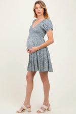 PinkBlush Light Olive Floral Smocked V - Neck Flutter Sleeve Maternity Dress - 