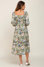 PinkBlush Light Olive Floral Square Neck Midi Dress - 