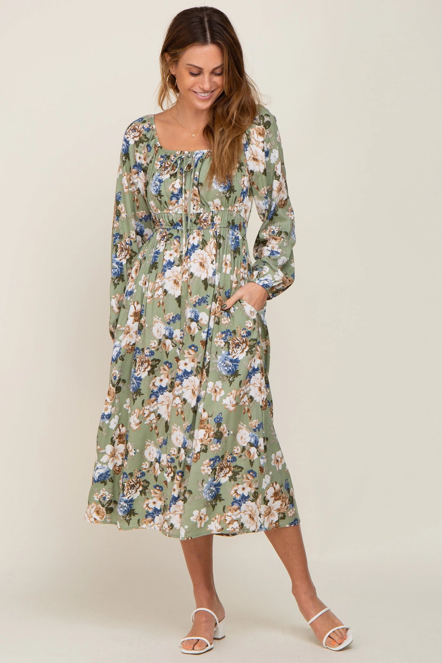 PinkBlush Light Olive Floral Square Neck Midi Dress - 