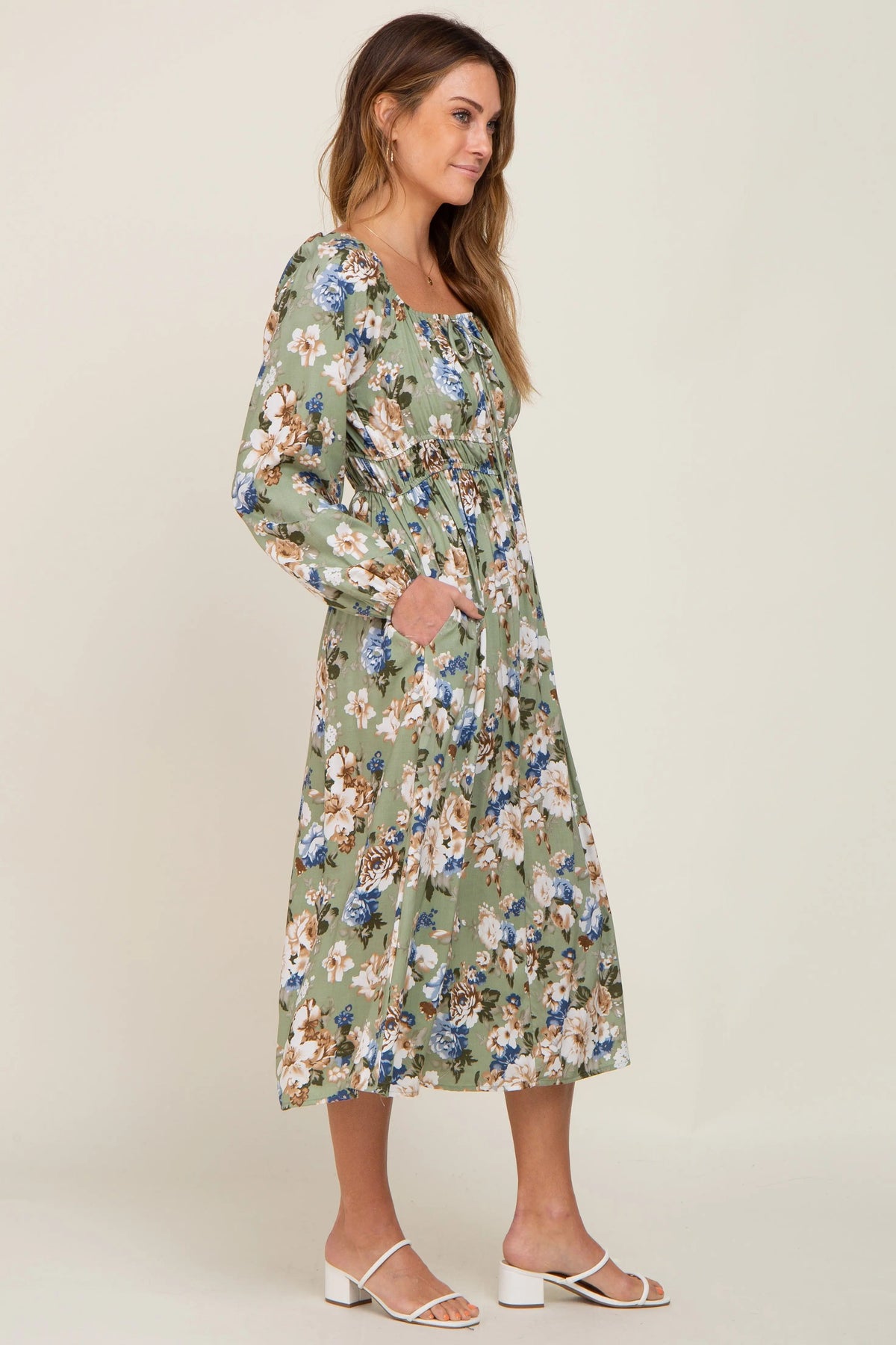 PinkBlush Light Olive Floral Square Neck Midi Dress - 