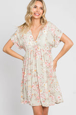 PinkBlush Light Olive Floral V - Neck Short Sleeve Dress - 