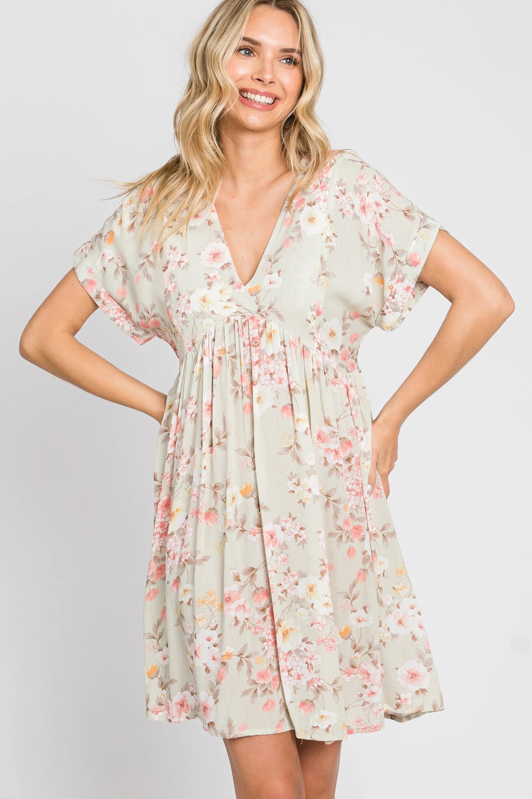 PinkBlush Light Olive Floral V - Neck Short Sleeve Dress - 
