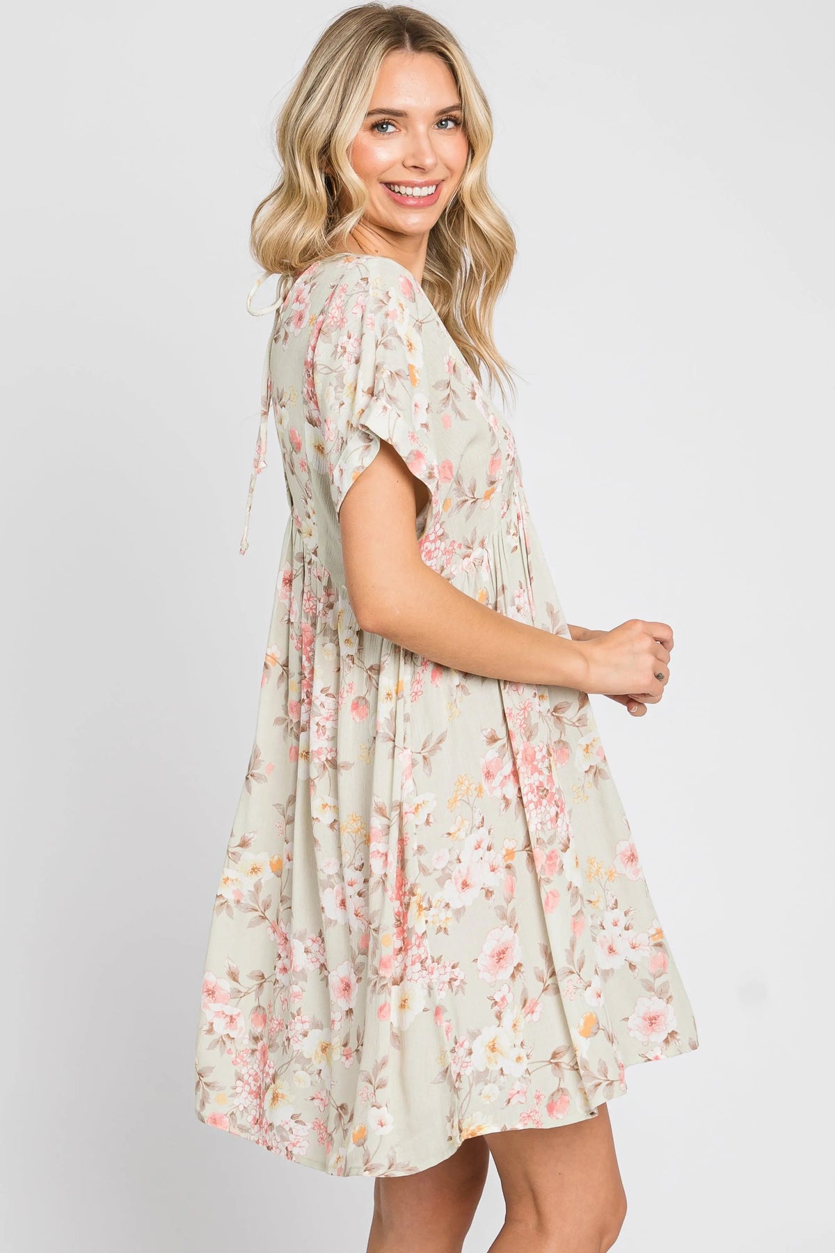 PinkBlush Light Olive Floral V - Neck Short Sleeve Dress - 