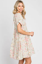 PinkBlush Light Olive Floral V - Neck Short Sleeve Dress - 