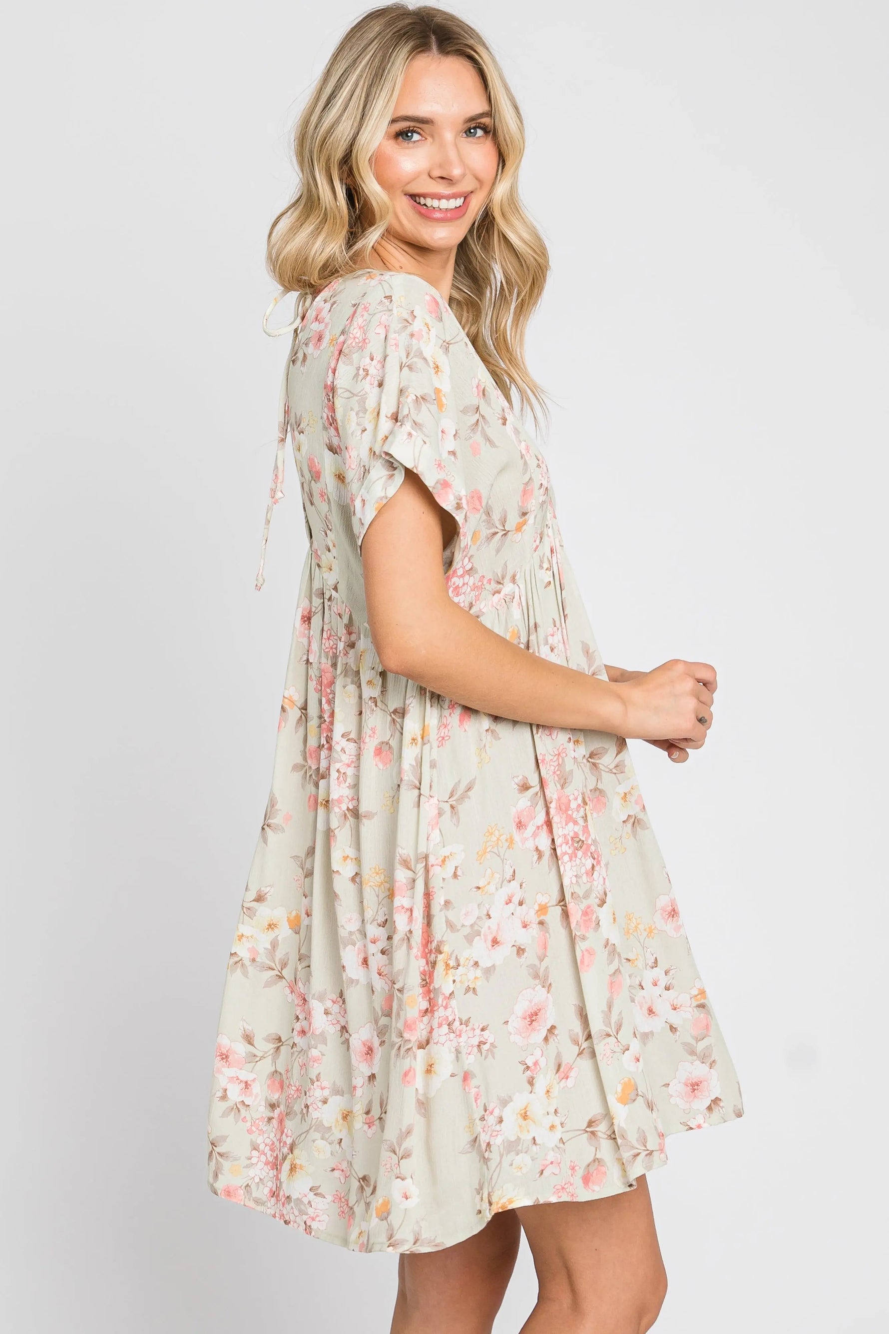 PinkBlush Light Olive Floral V - Neck Short Sleeve Dress - 