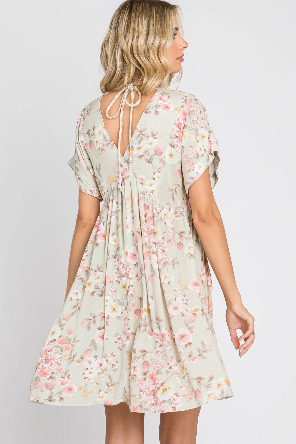 PinkBlush Light Olive Floral V - Neck Short Sleeve Dress - 
