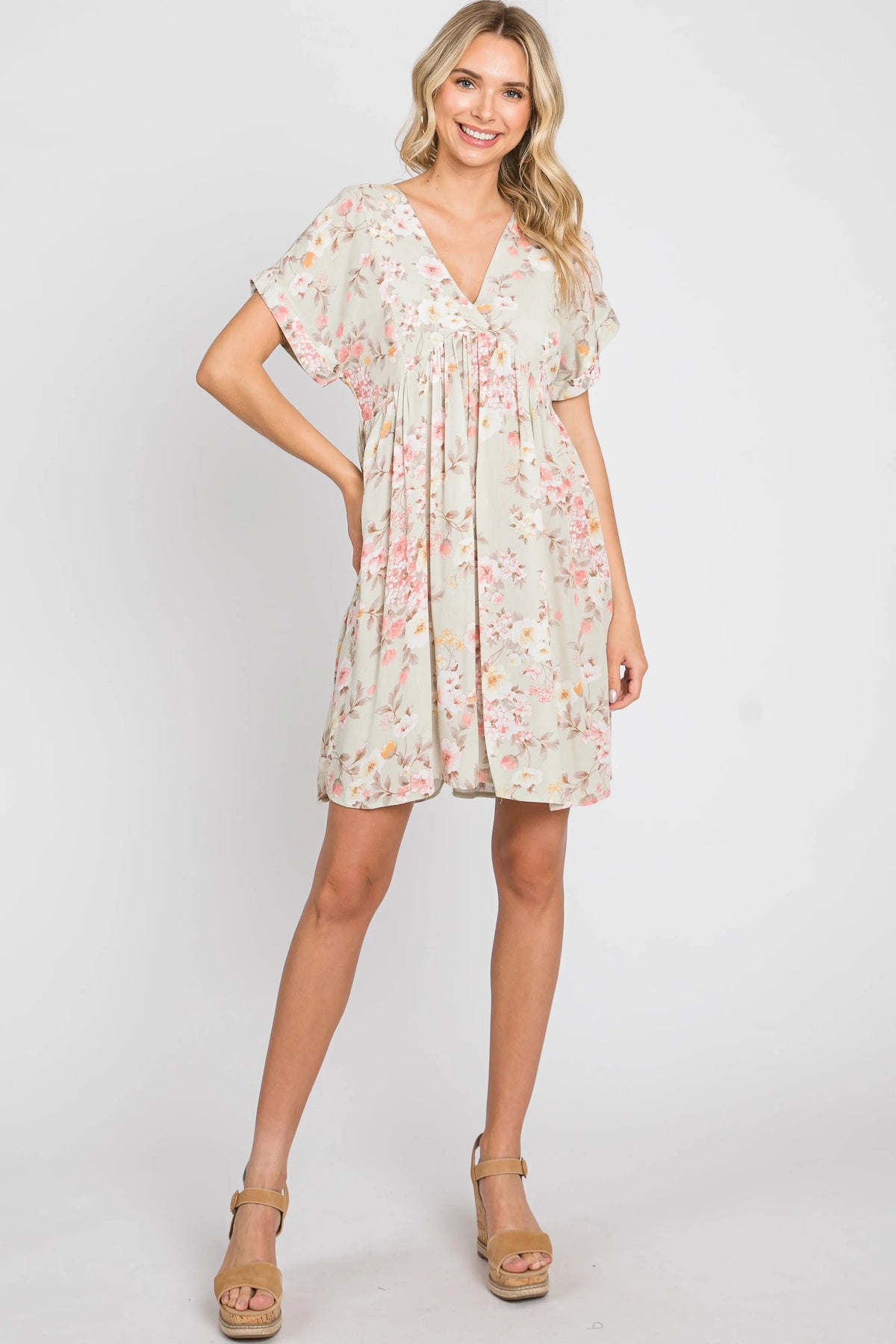 PinkBlush Light Olive Floral V - Neck Short Sleeve Dress - 