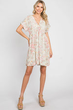 PinkBlush Light Olive Floral V - Neck Short Sleeve Dress - 