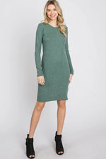 Light Olive Knit Long Sleeve Dress - Sleeve, Neck, Fashion, One-piece garment, Waist | Everetts Place