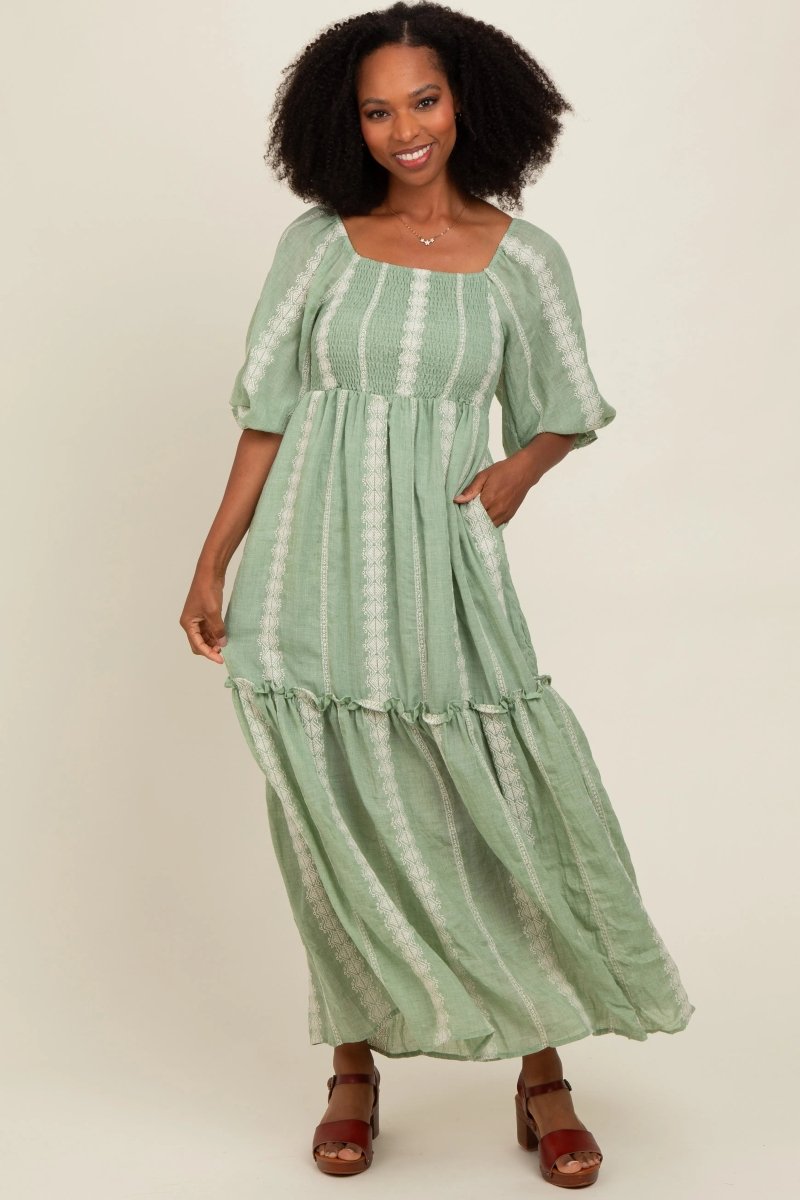 PinkBlush Light Olive Maternity Maxi Dress with Embroidered Detail for Expecting Mothers - 