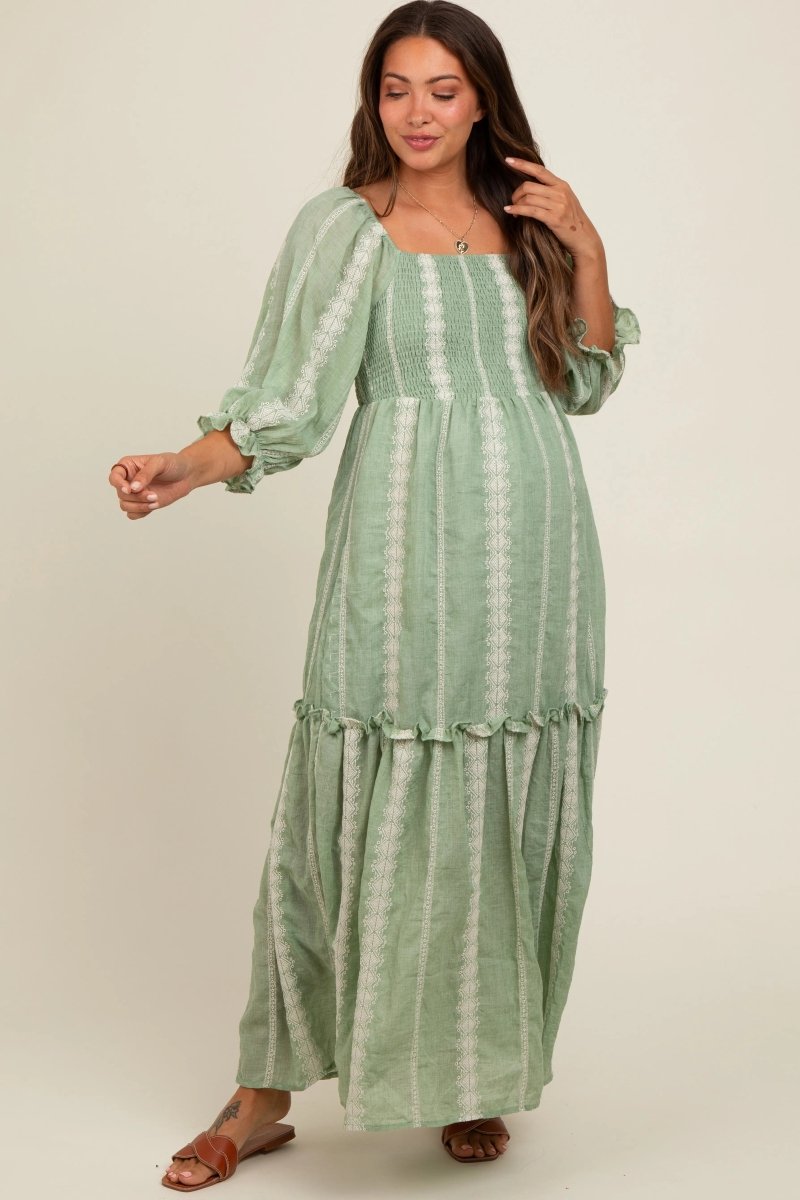 PinkBlush Light Olive Maternity Maxi Dress with Embroidered Detail for Expecting Mothers - 