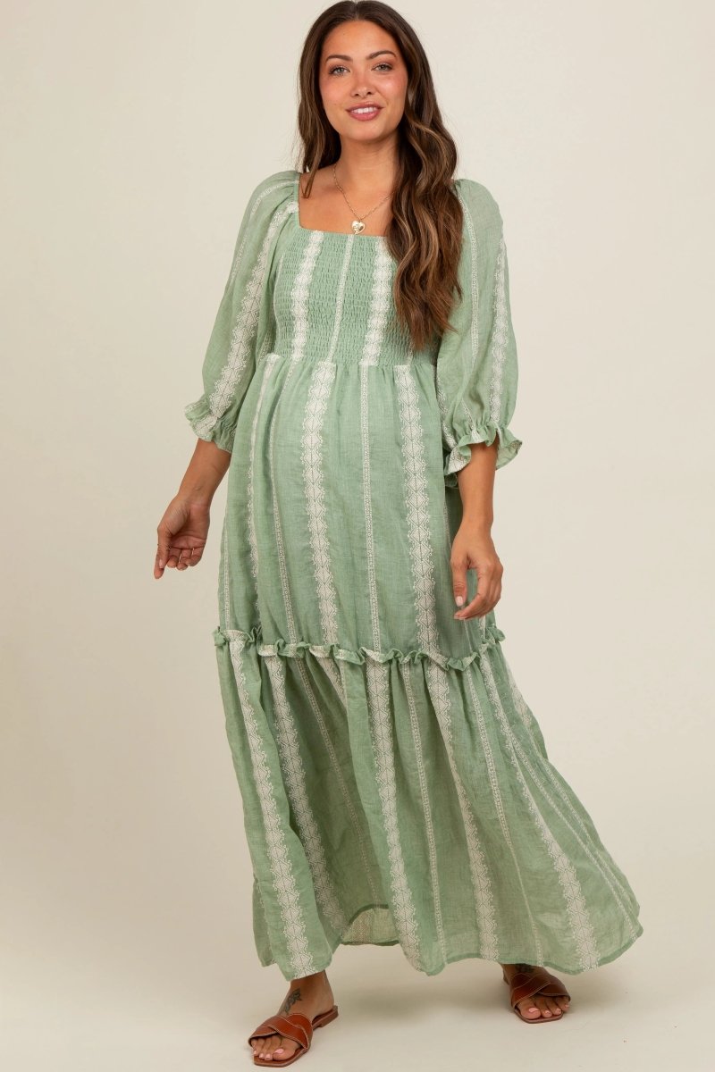 PinkBlush Light Olive Maternity Maxi Dress with Embroidered Detail for Expecting Mothers - 