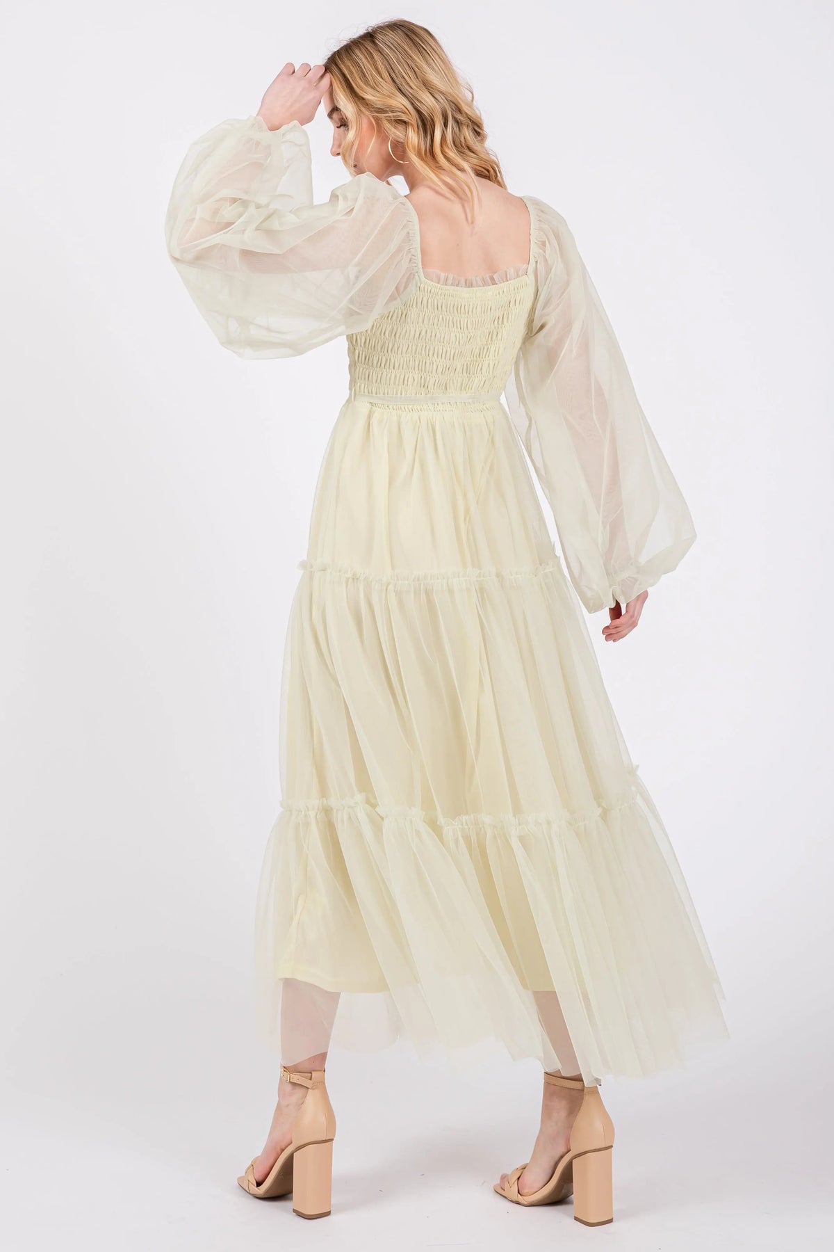 PinkBlush Light Olive Mesh Tiered Long Sleeve Maxi Dress - 