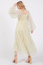 PinkBlush Light Olive Mesh Tiered Long Sleeve Maxi Dress - 