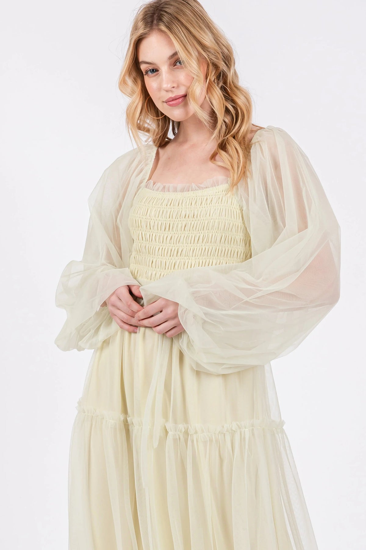 PinkBlush Light Olive Mesh Tiered Long Sleeve Maxi Dress - 