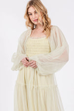 PinkBlush Light Olive Mesh Tiered Long Sleeve Maxi Dress - 