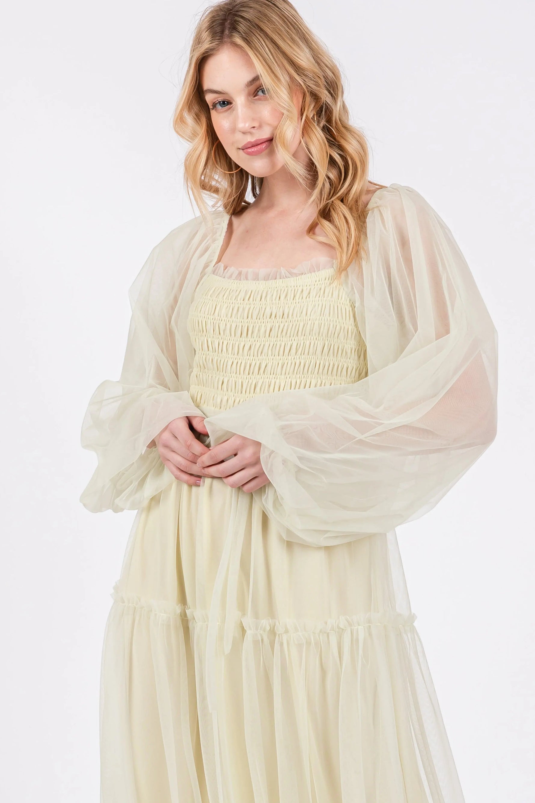 PinkBlush Light Olive Mesh Tiered Long Sleeve Maxi Dress - 