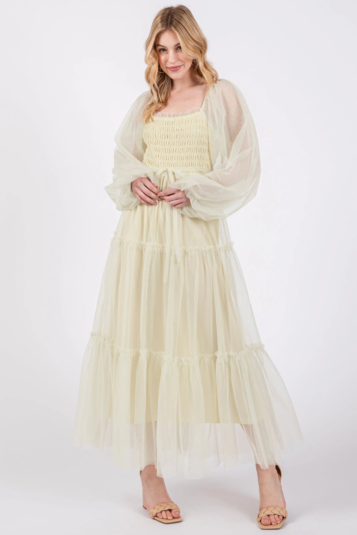 PinkBlush Light Olive Mesh Tiered Long Sleeve Maxi Dress - 