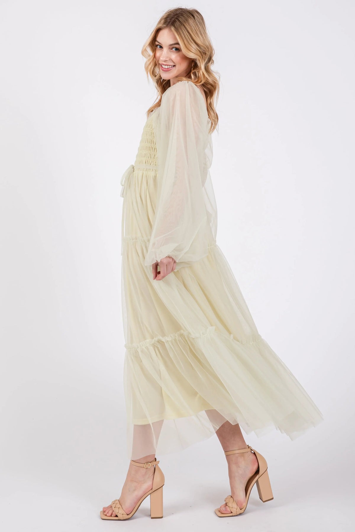 PinkBlush Light Olive Mesh Tiered Long Sleeve Maxi Dress - 