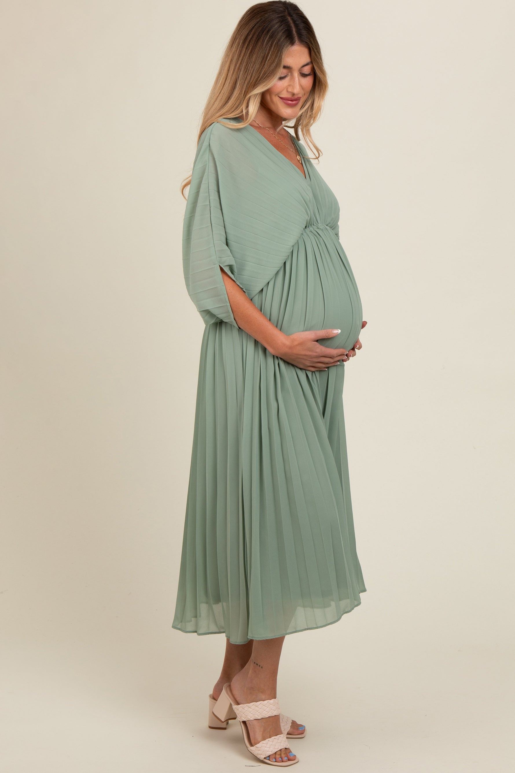 PinkBlush Light Olive Pleated V Neck Maternity Maxi Dress