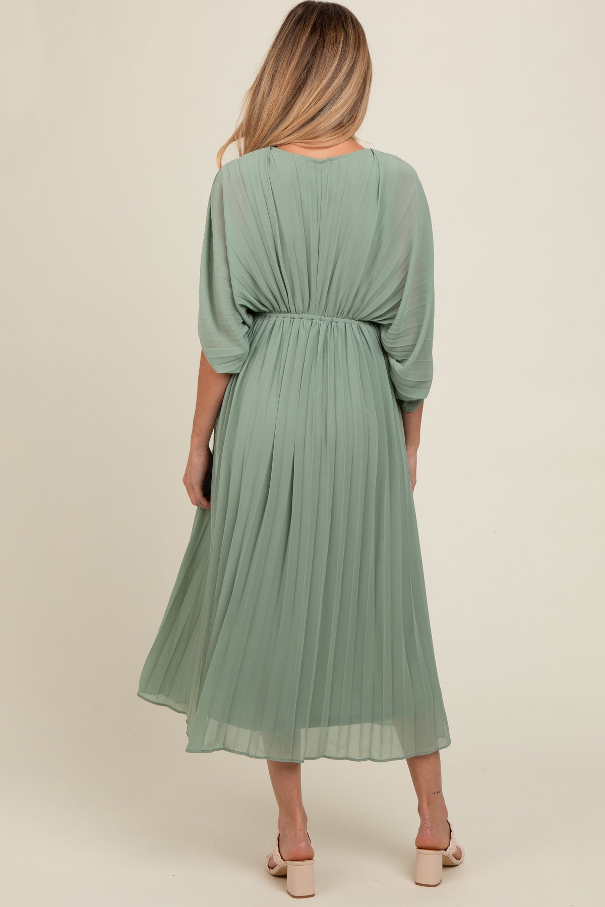 PinkBlush Light Olive Pleated V Neck Maternity Maxi Dress
