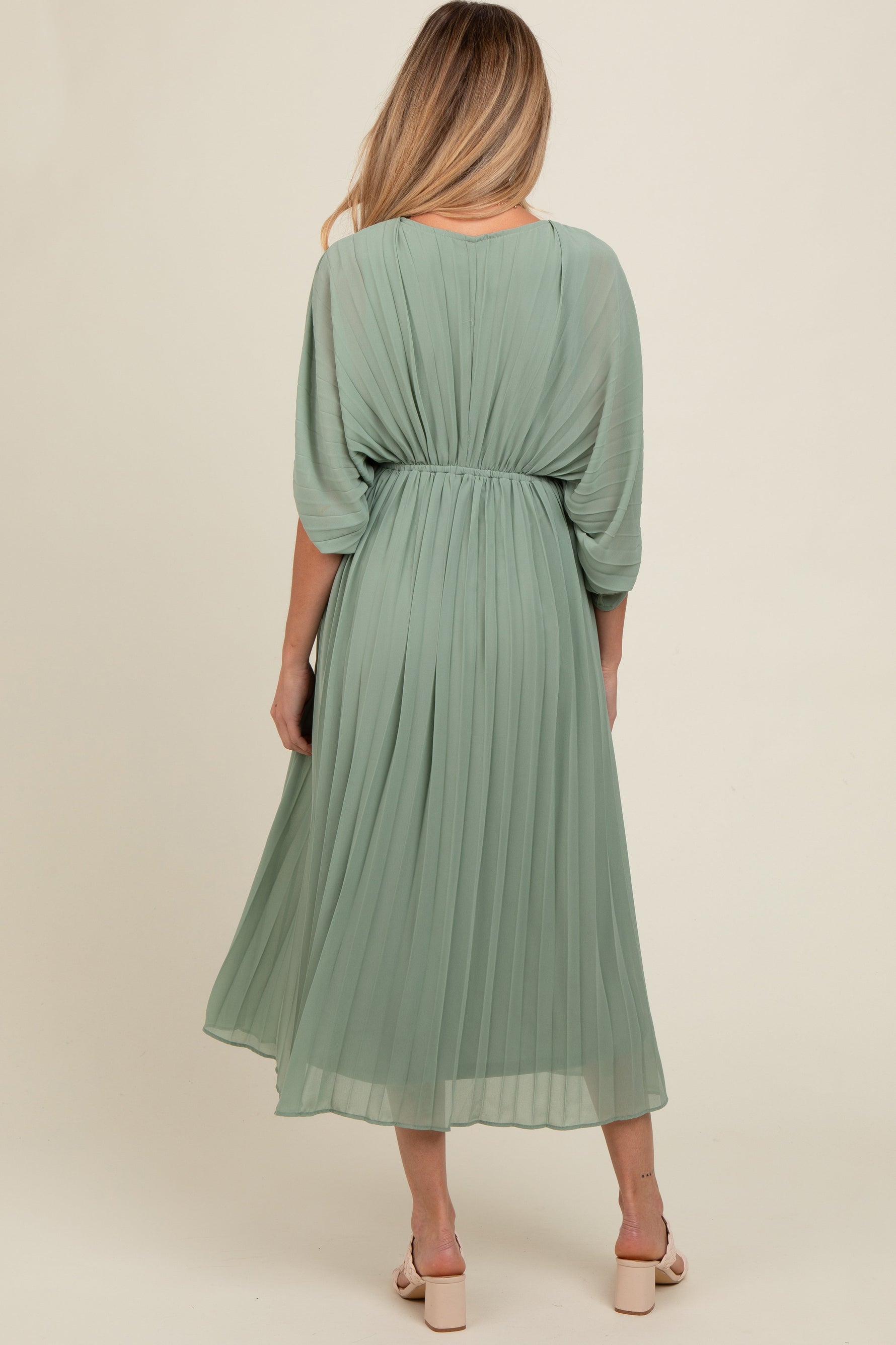 PinkBlush Light Olive Pleated V Neck Maternity Maxi Dress