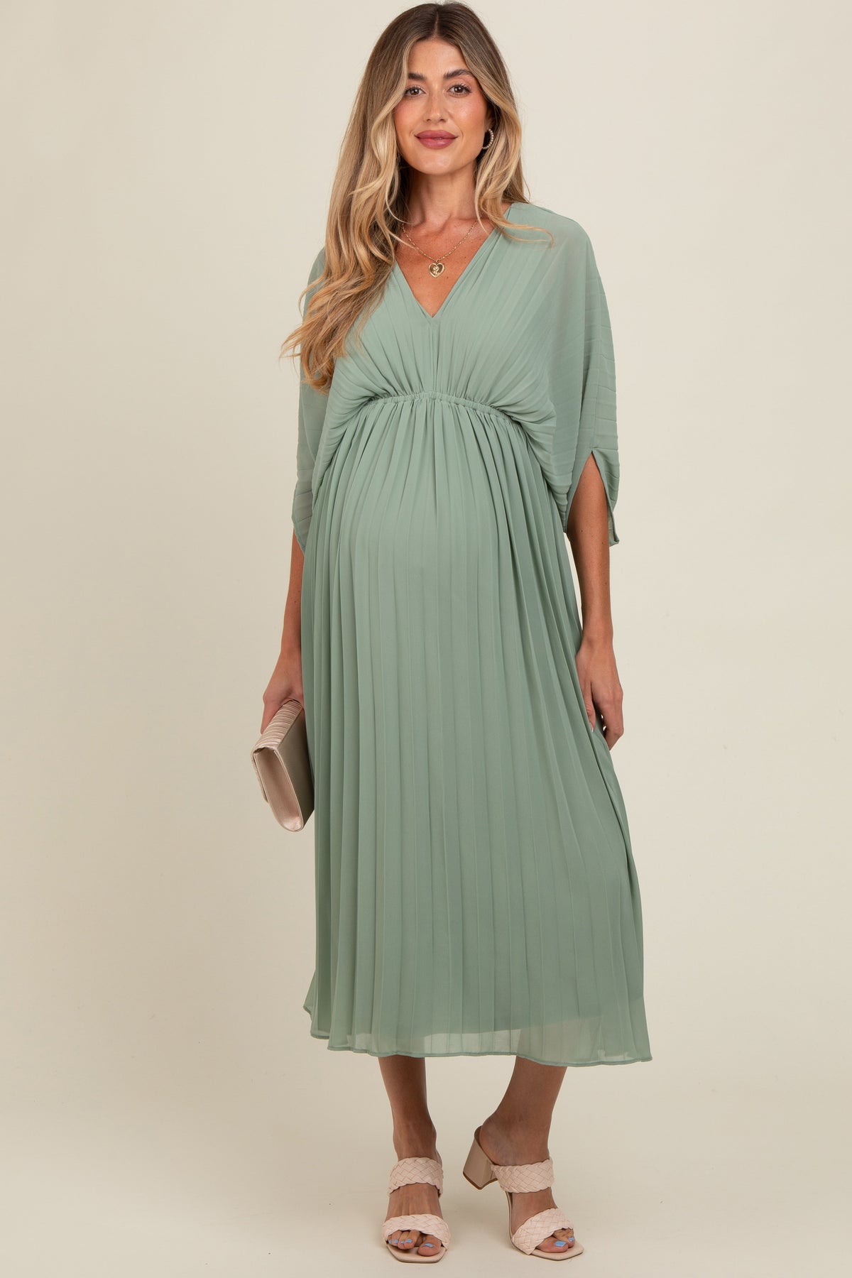 PinkBlush Light Olive Pleated V Neck Maternity Maxi Dress