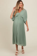 PinkBlush Light Olive Pleated V Neck Maternity Maxi Dress