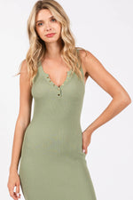 PinkBlush Light Olive Ribbed Fitted Sleeveless Snap Button Dress - 