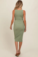 PinkBlush Light Olive Ribbed Fitted Sleeveless Snap Button Maternity Dress - 