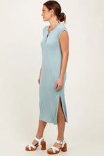PinkBlush Light Olive Ribbed Knit Button Up Sleeveless Midi Dress - 