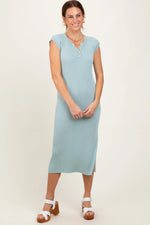 PinkBlush Light Olive Ribbed Knit Button Up Sleeveless Midi Dress - 