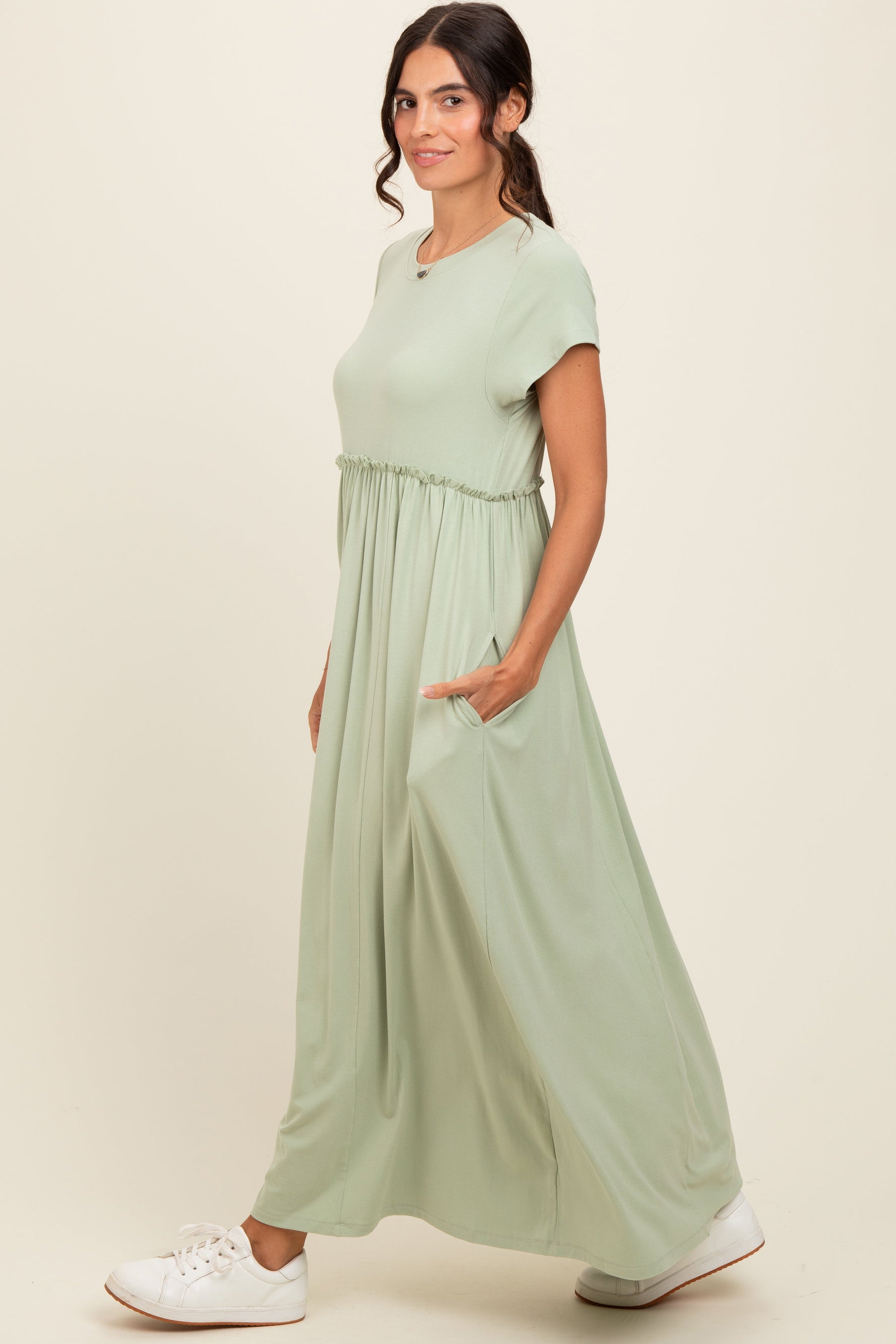 PinkBlush Light Olive Ruffle Trim Maxi Dress
