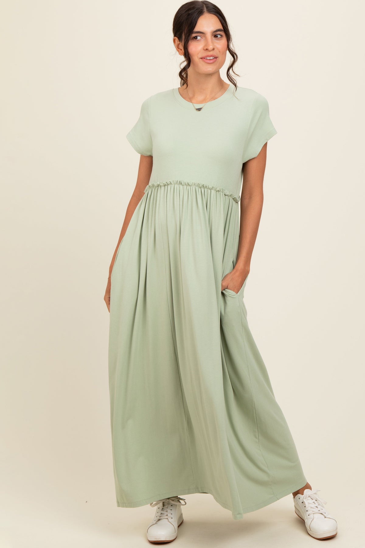 PinkBlush Light Olive Ruffle Trim Maxi Dress