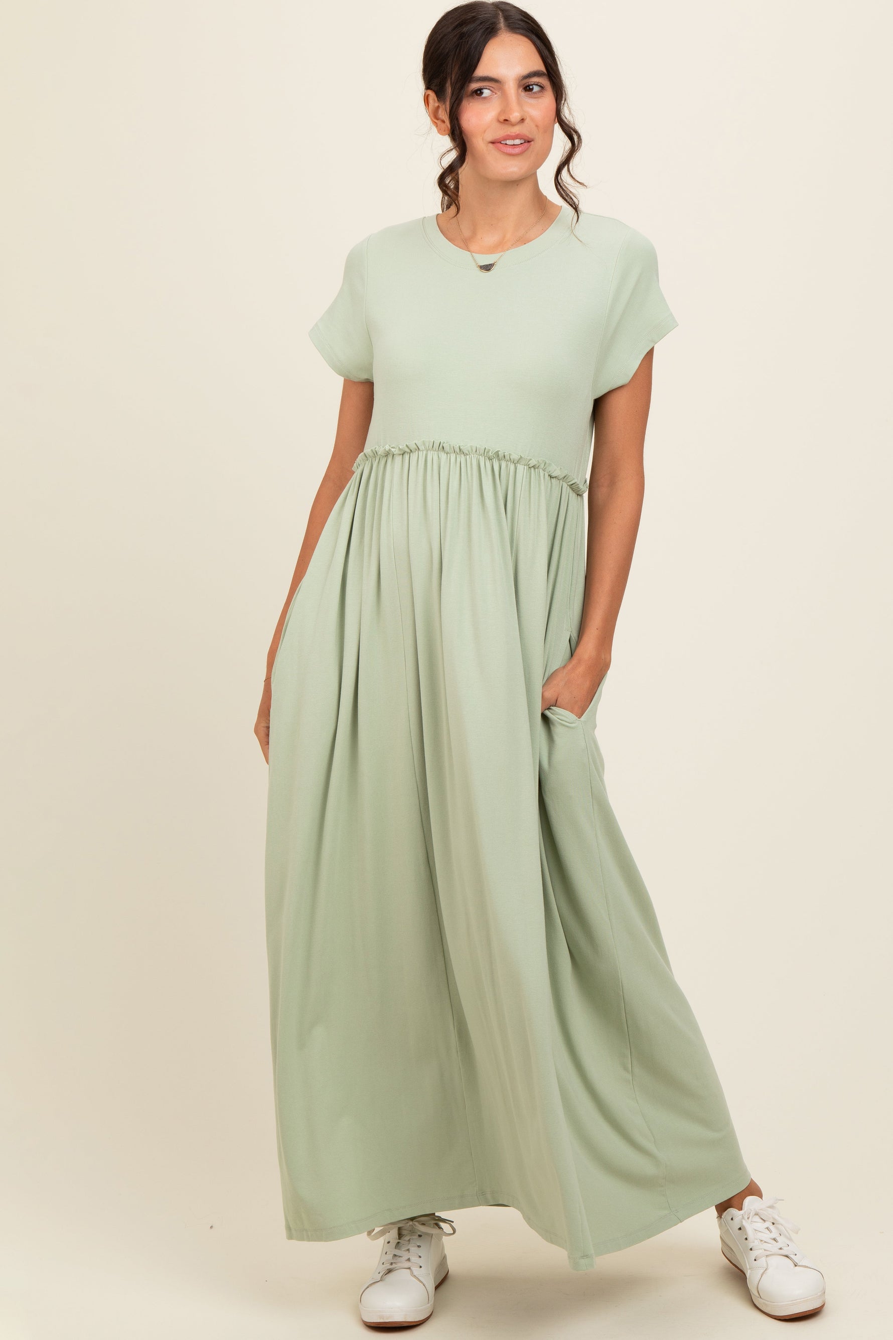 PinkBlush Light Olive Ruffle Trim Maxi Dress