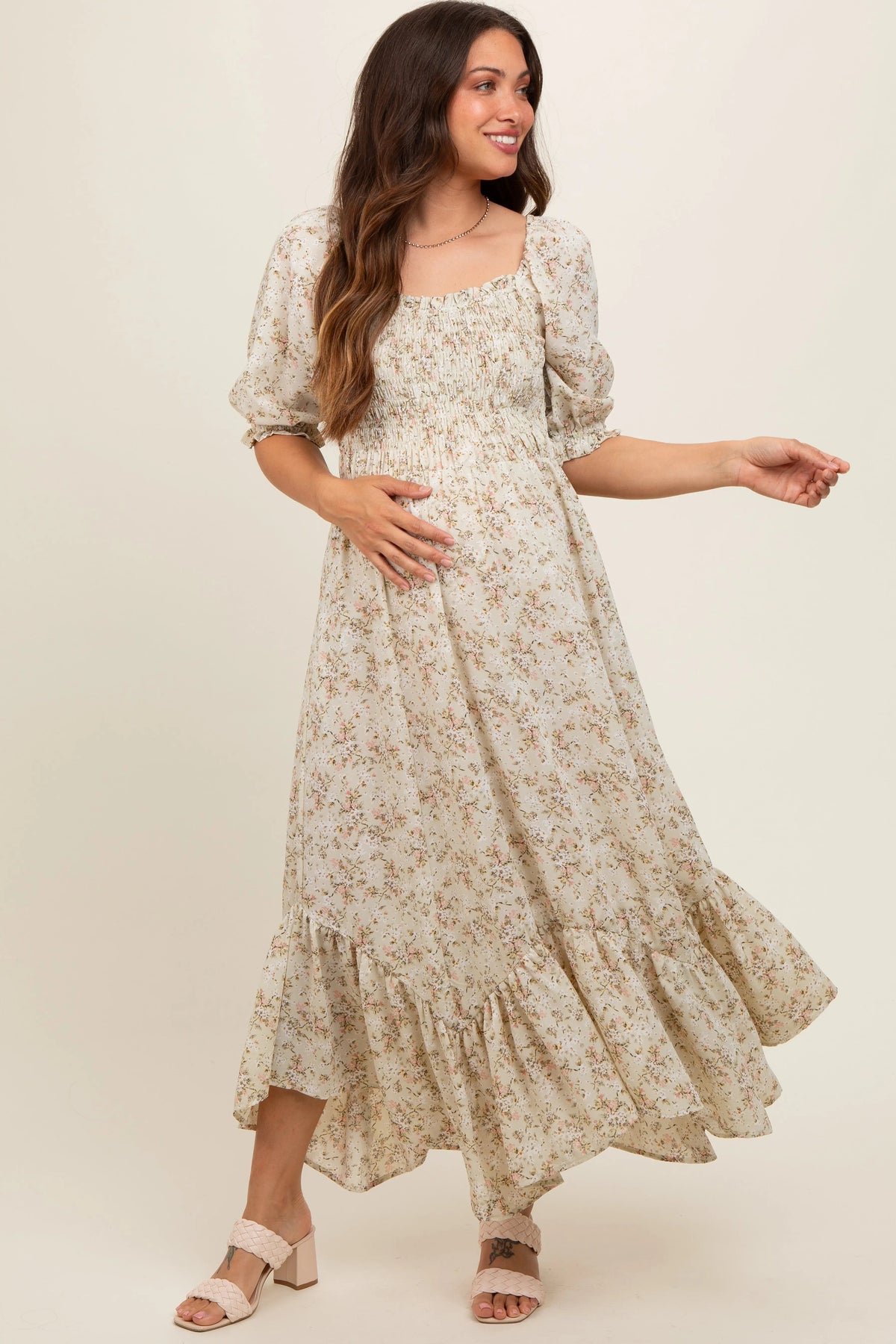 PinkBlush Light Olive Smocked Handkerchief Hem Maternity Dress - 