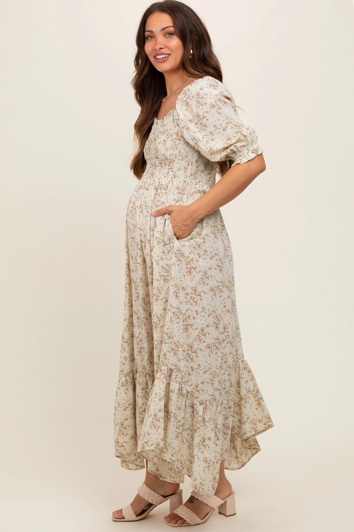 PinkBlush Light Olive Smocked Handkerchief Hem Maternity Dress - 