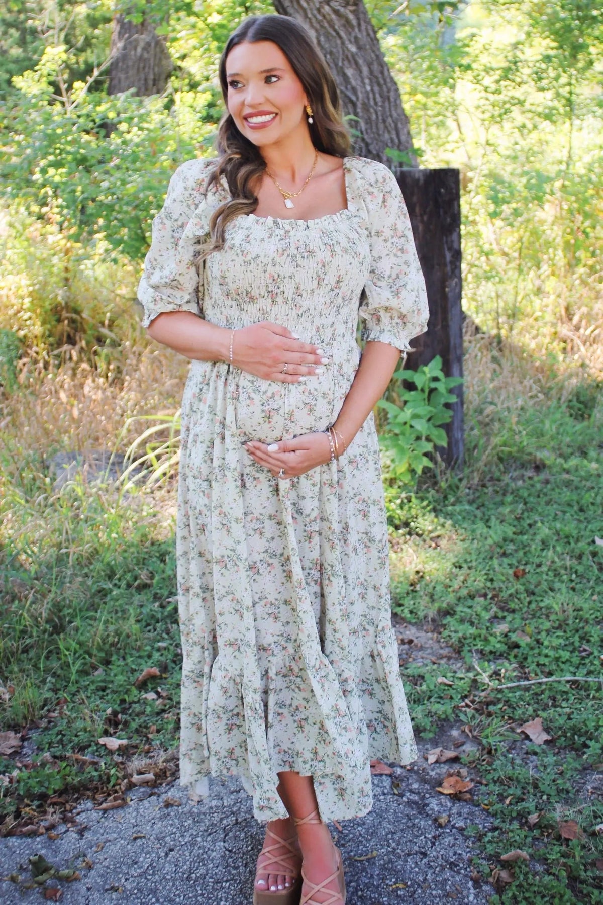 PinkBlush Light Olive Smocked Handkerchief Hem Maternity Dress - 