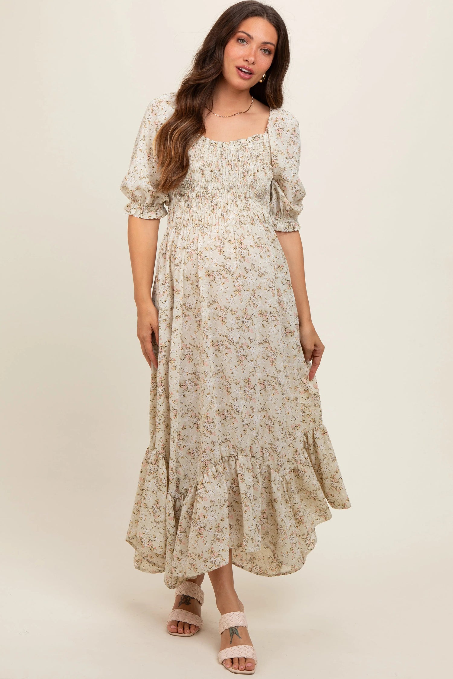 PinkBlush Light Olive Smocked Handkerchief Hem Maternity Dress - 