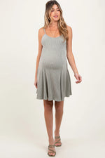 PinkBlush Light Olive Solid Ribbed Knitted Adjustable Strap Sleeveless Maternity Mini Dress - 