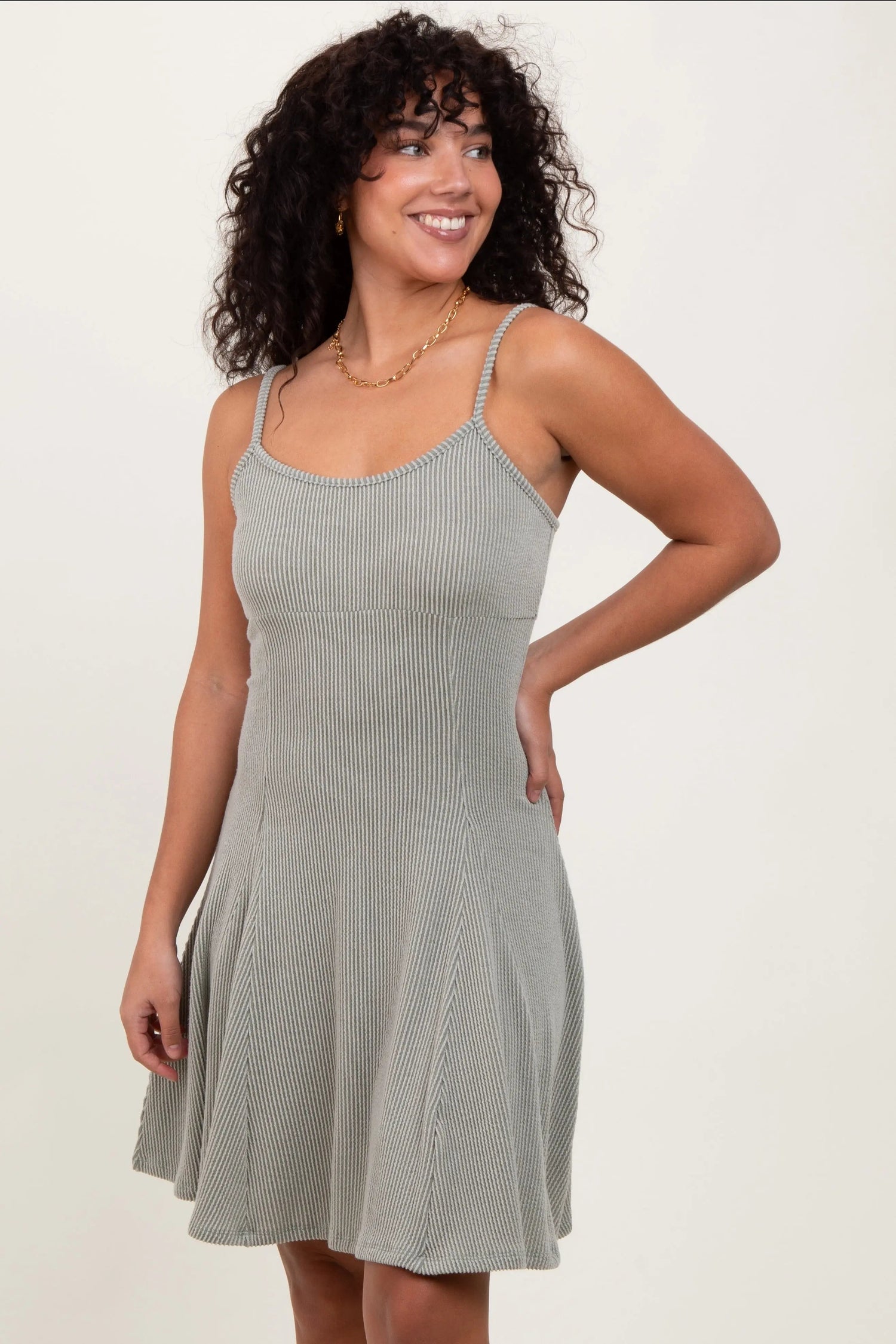 PinkBlush Light Olive Solid Ribbed Knitted Adjustable Strap Sleeveless Mini Dress - 